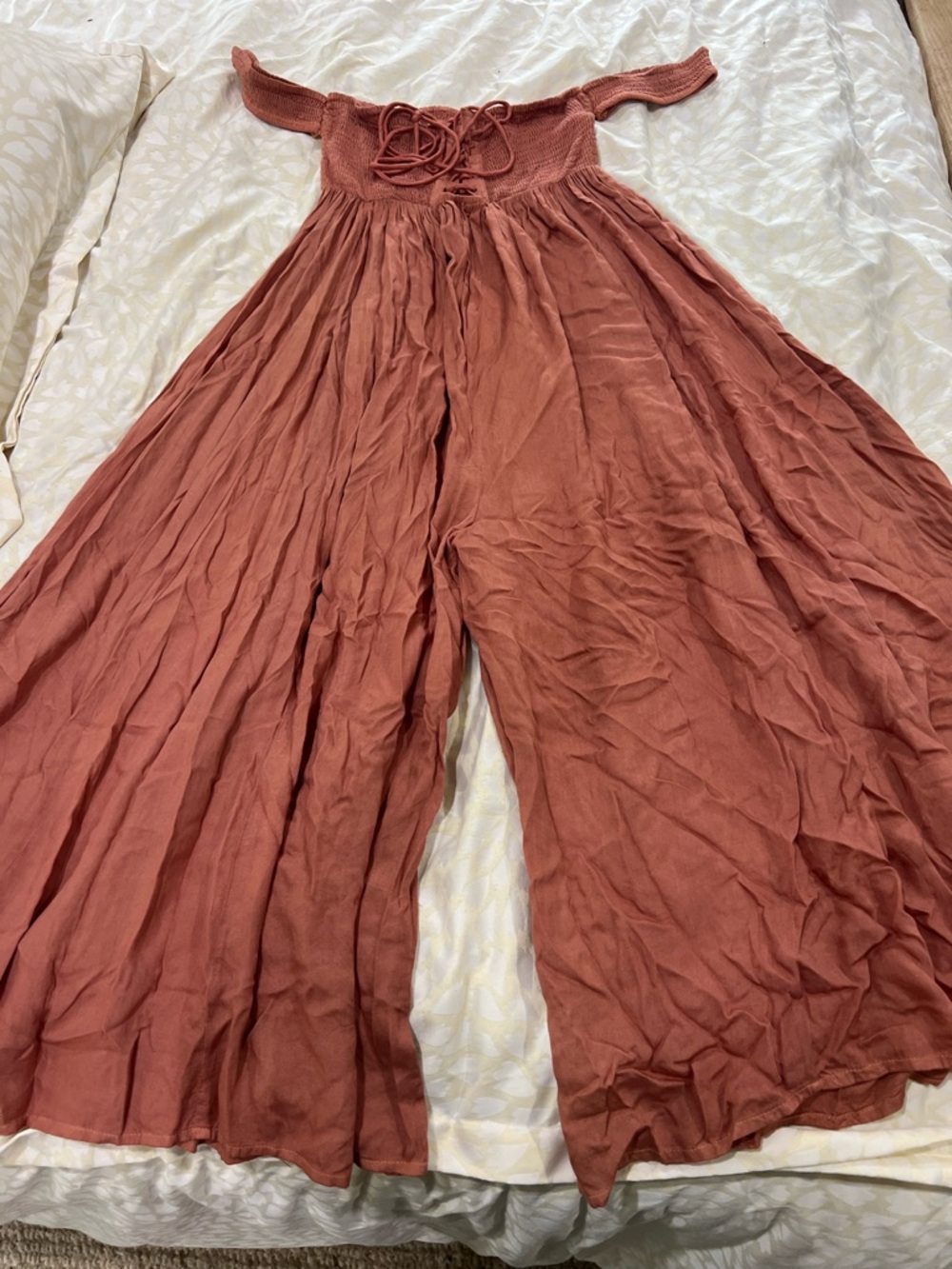 bohme Rust-Colored Off-Shoulder Wide-Leg Jumpsuit